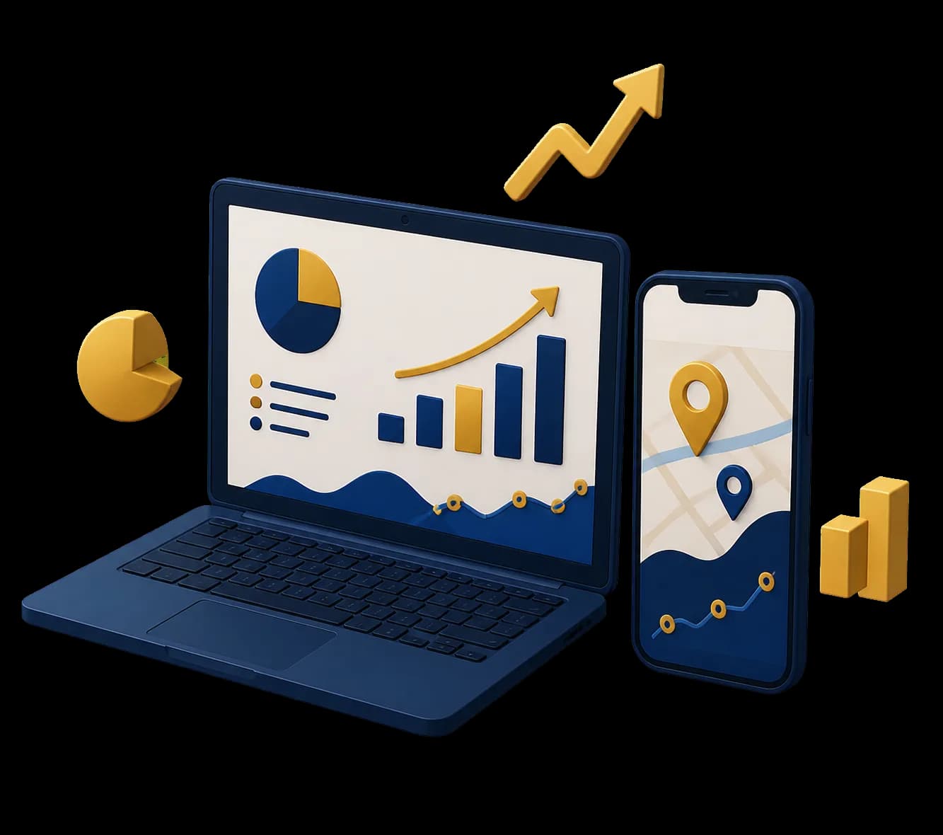 Laptop dan ponsel yang menampilkan pertumbuhan serta visibilitas bisnis digital