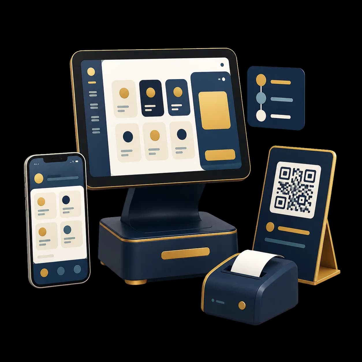 Sistem kasir, ponsel pemesanan, QR menu, dan printer struk