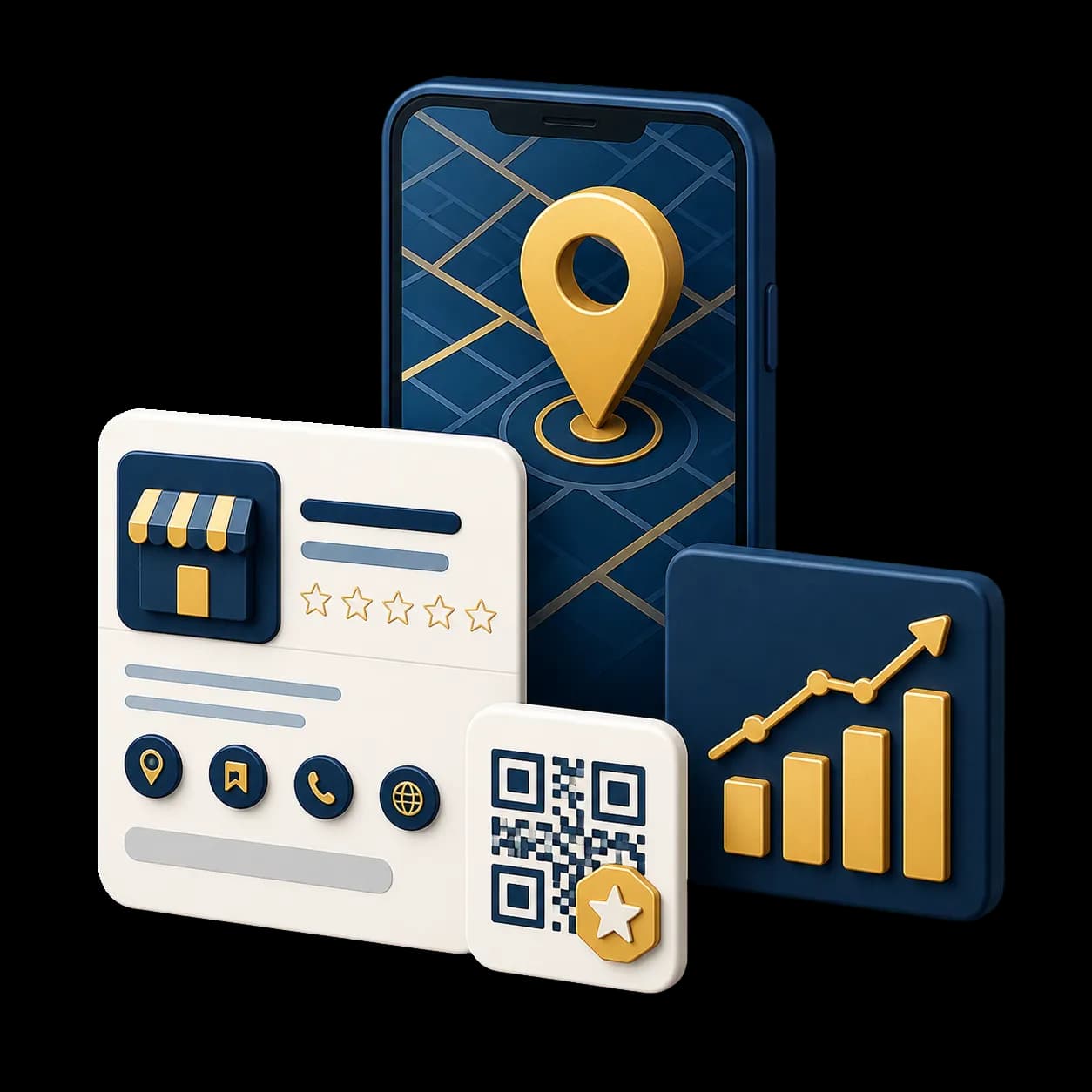 Ponsel dengan peta, profil bisnis, QR ulasan, dan grafik visibilitas lokal