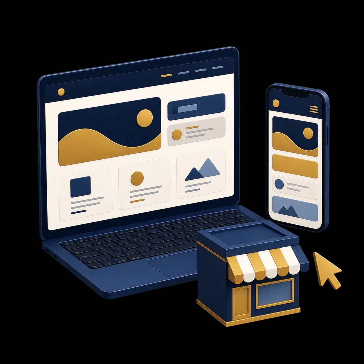 Laptop, ponsel, dan etalase usaha dalam ilustrasi website responsif