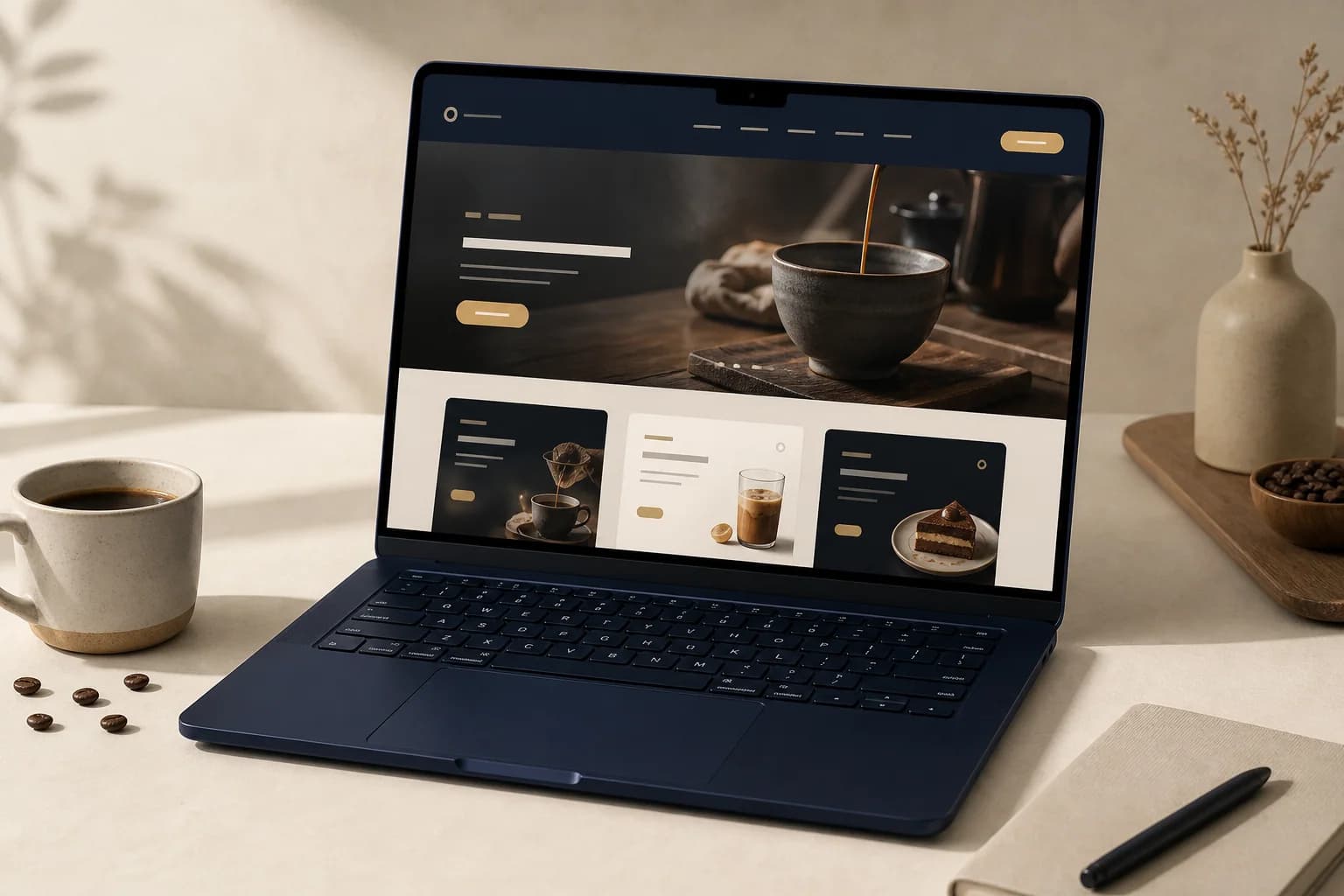 Proyek konsep website kedai kopi pada laptop dan ponsel